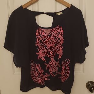 Eyeshadow Brand Embroidered Crop Top XL Navy Neon